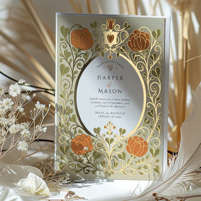 Invitation En Aluminium Arts vintages et artisanat Orange Floral Mariage (Créateur téléchargé)