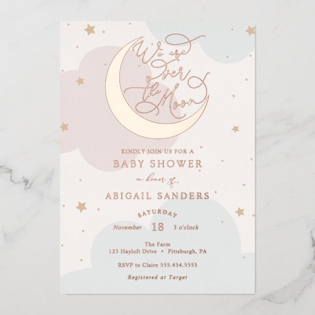 Invitation En Aluminium Au-dessus de la lune d'or Baby shower rose et bleu (Recto)