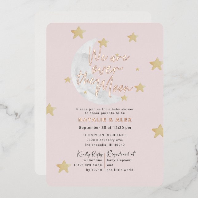 Invitation En Aluminium Au-Dessus De La Lune & Étoiles Fille Baby shower P (Recto/Verso)