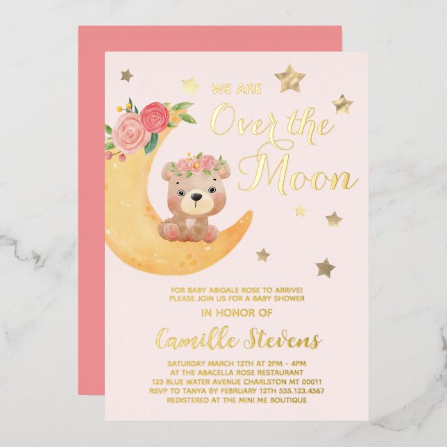 Invitation En Aluminium Au-dessus de la lune Ours Blush Baby shower fille (Recto/Verso)