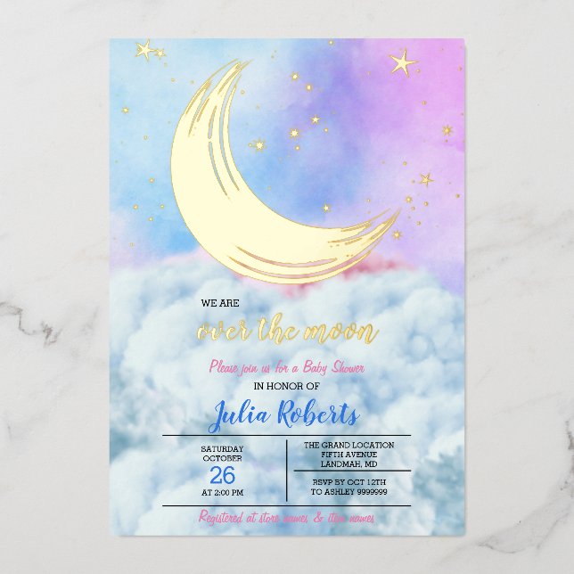 Invitation En Aluminium Au-Dessus Du Baby shower Lune (Recto)