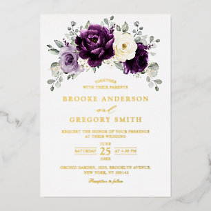 Invitation En Aluminium Aubergine Violet Prune Ivoire Blanc Floral Mariage