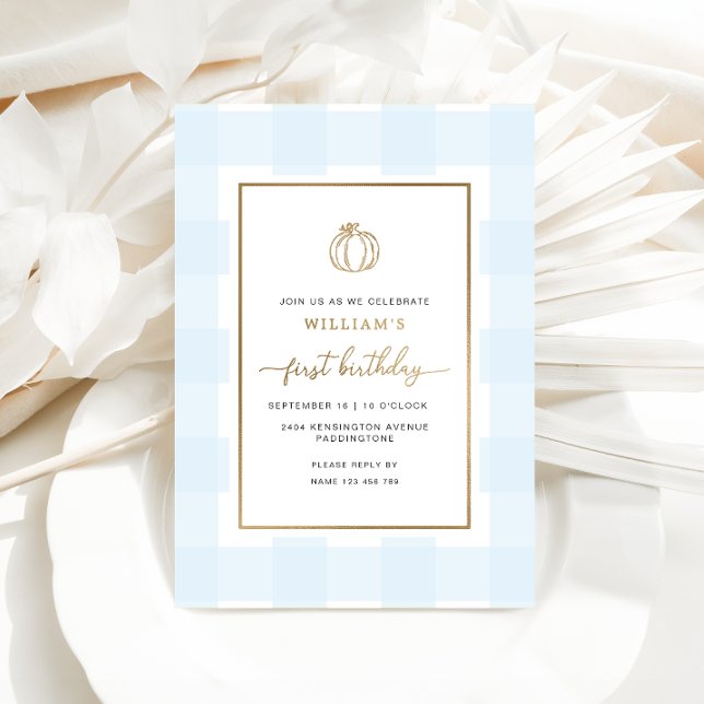 Invitation En Aluminium Automne Citrouille Bleu En vichy Anniversaire Foil (First Birthday Invitation)