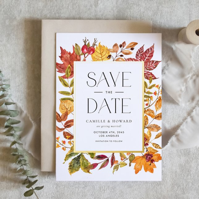 Invitation En Aluminium Automne Feuilles Cadre Automne QR Code Enregistrer (Customizable QR Code Save the Date Card with Gold Foil Frame and Autumn Foliage)