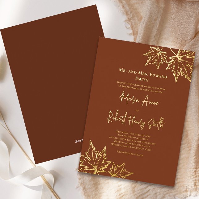 Invitation En Aluminium Automne Feuilles Élégant Mariage Personnalisé Or (Gold foil fall leaves elegant wedding invitation.)