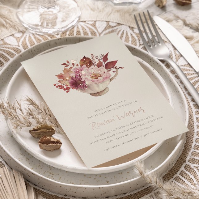 Invitation En Aluminium Automne Floral Teacup Automne Fête des mariées Thé (Créateur téléchargé)