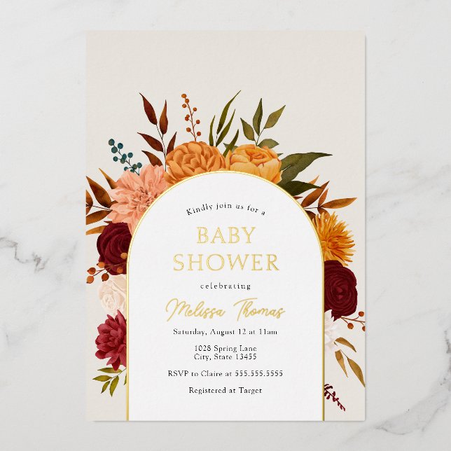 Invitation En Aluminium Automne Florals Mums Arch Baby shower Foil Invitat (Recto)