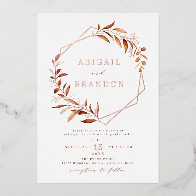 Invitation En Aluminium Automne Rose de verdure or Mariage géométrique Rus (Recto)