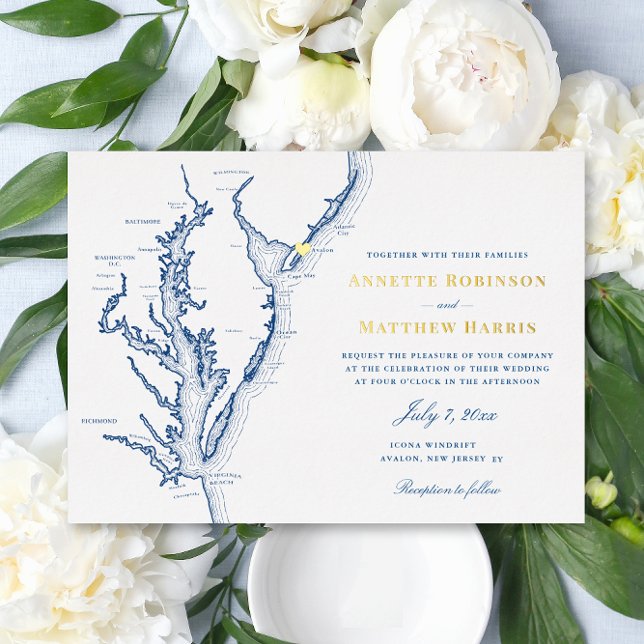 Invitation En Aluminium Avalon New Jersey Mariage Navy Bleu et Or (Elegant Avalon New Jersey Wedding Invitation with Gold Foil and navy blue script font )