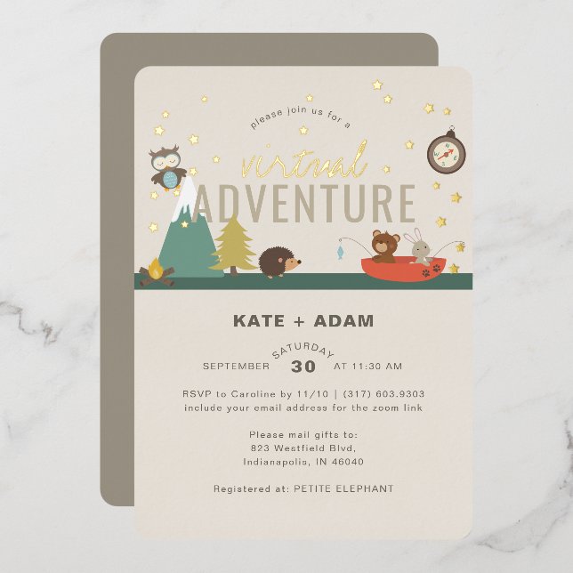 Invitation En Aluminium Aventure Baby shower virtuel Neutre Woodland (Recto/Verso)