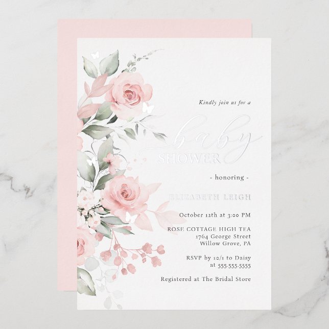 Invitation En Aluminium Baby shower à papillon floral en argent clair (Recto/Verso)