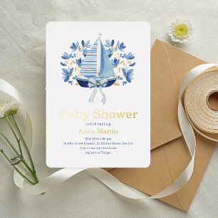 Invitation En Aluminium Baby Shower Bateaux Bleus & Rubans