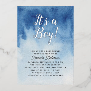 Invitation En Aluminium Baby shower bleu aquarelle. C'est un garçon en or