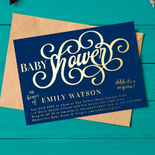 Invitation En Aluminium Baby shower bleu moderne Surprise Gold Pressé