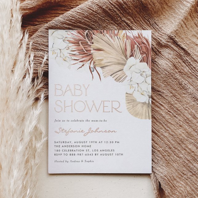 Invitation En Aluminium Baby Shower Bohème Fleur d'Orchidée Blanche et Pal (Rose gold foil baby shower invitation featuring watercolor orchids, pampas grass, and dried palm.)