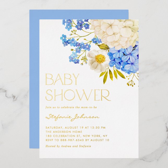 Invitation En Aluminium Baby shower Boho Blue and White Hydrangeas (Recto/Verso)