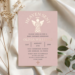 Invitation En Aluminium Baby shower Ciel Envoyé Ange Coeurs Rose Or