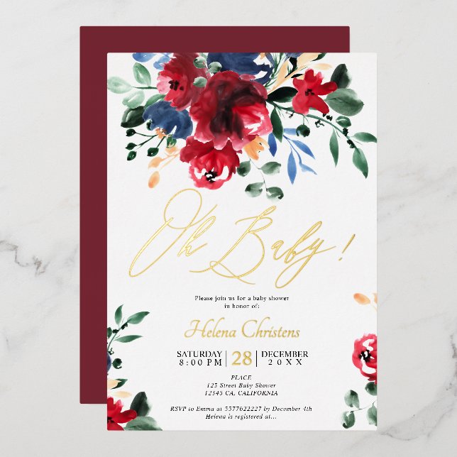 Invitation En Aluminium Baby shower d'aquarelle florale de la marine rouss (Recto/Verso)