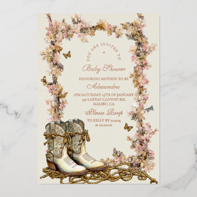 Invitation En Aluminium Baby shower de bottes rustiques pour fille à couet (Recto)