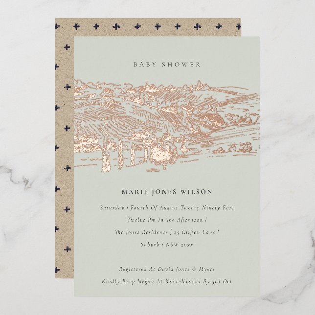Invitation En Aluminium Baby shower de croquis Saga Green Rose Gold Winery (Recto/Verso)