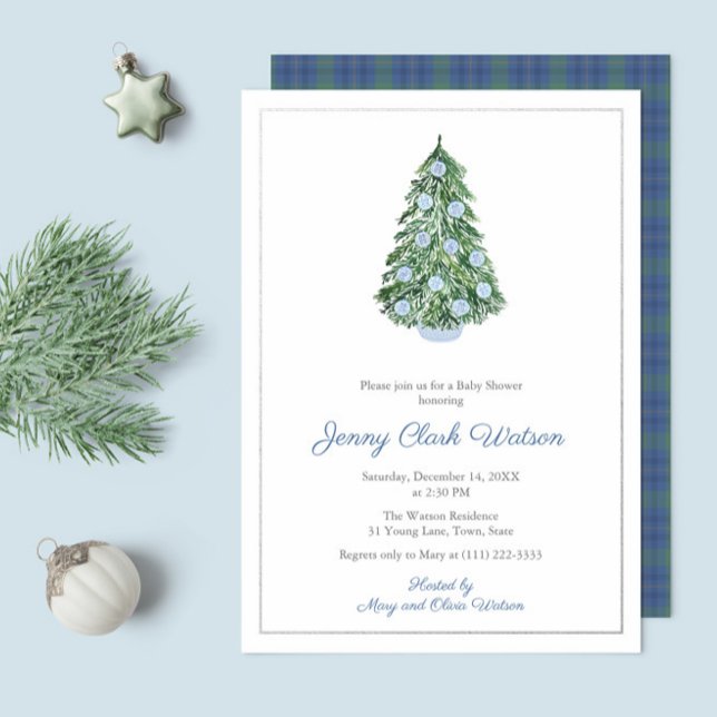 Invitation En Aluminium Baby shower De Noël Classé Chinoiserie Pour Garçon (Blue & White Chinoiserie Christmas baby shower invitations with silver foil and tartan reverse)