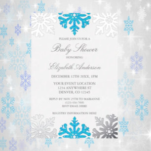 Invitation En Aluminium Baby shower d'hiver Silver Blue Snowflake