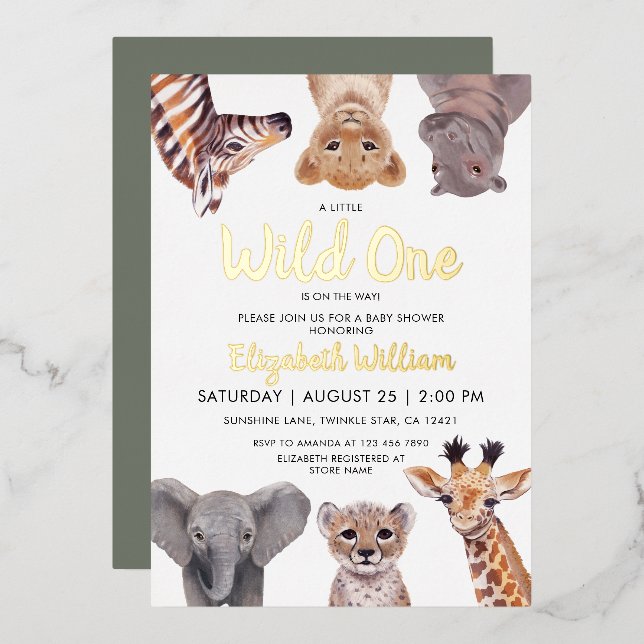Invitation En Aluminium Baby shower d'illustration Safari Baby Animals (Recto/Verso)