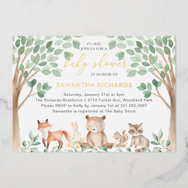 Invitation En Aluminium Baby shower d'or pour animaux de bois neutres selo (Recto)