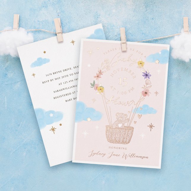 Invitation En Aluminium Baby shower d'ours en peluche rose Floral à air ch (Créateur téléchargé)