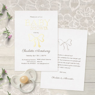 Invitation En Aluminium Baby Shower Élégant Blanc Propre Ruban