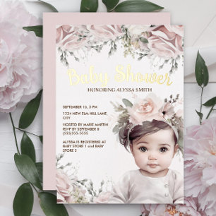 Invitation En Aluminium Baby Shower Élégant Fille Fleurs Roses Feuille D'o