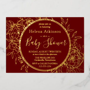 Invitation En Aluminium Baby shower en toile pivoine moderne rouge foncé e