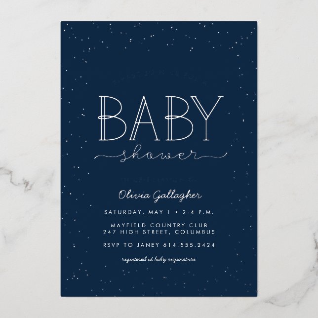Invitation En Aluminium Baby shower étoile scintille bleu marine (Recto)