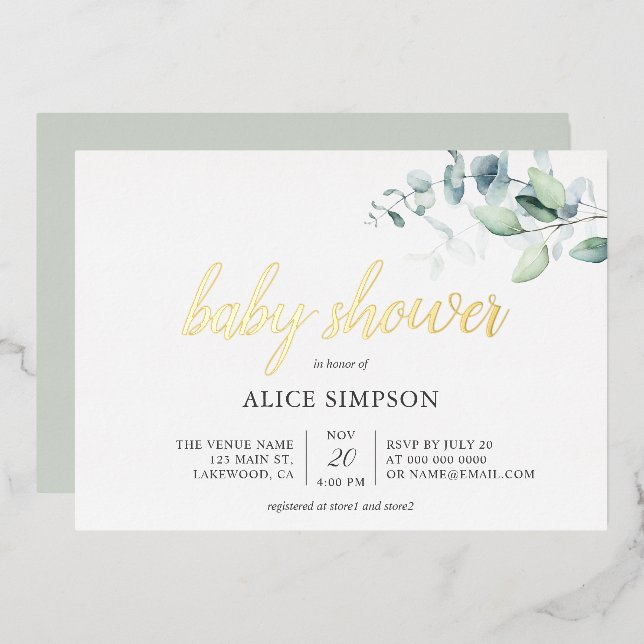 Invitation En Aluminium Baby shower Feuille de Boho Eucalyptus (Recto/Verso)