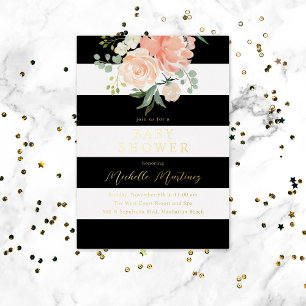 Invitation En Aluminium Baby Shower Floral à rayures noires et blanches Or