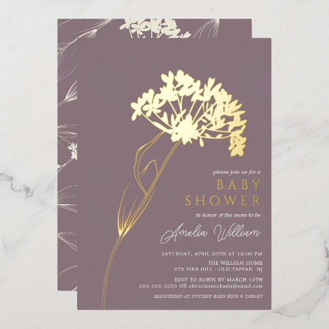 Invitation En Aluminium Baby shower floral de Mauve (Recto/Verso)