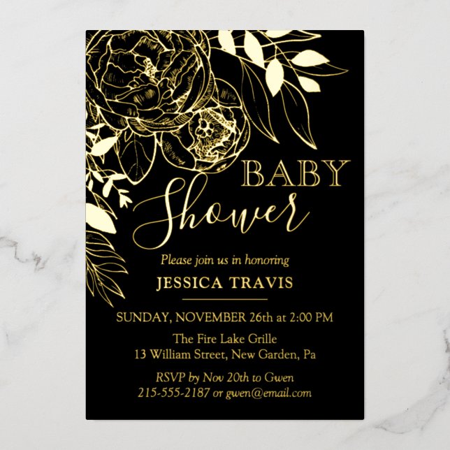 Invitation En Aluminium Baby shower Floral moderne Black & Gold (Recto)