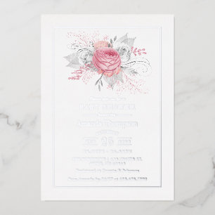 Invitation En Aluminium Baby Shower Floral Rose, Argent et Blanc