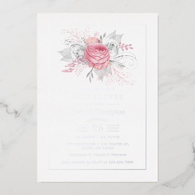 Invitation En Aluminium Baby shower floral rose, argenté et blanc (Recto)