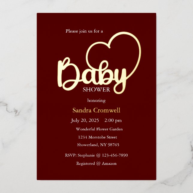 Invitation En Aluminium Baby shower Foil Invitation, Script, Coeur (Recto)