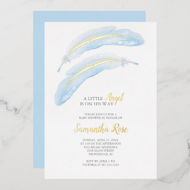 Invitation En Aluminium Baby shower Garçon aquarelle bleu plume (Recto/Verso)