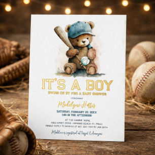 Invitation En Aluminium Baby shower garçon ours en peluche baseball aquare