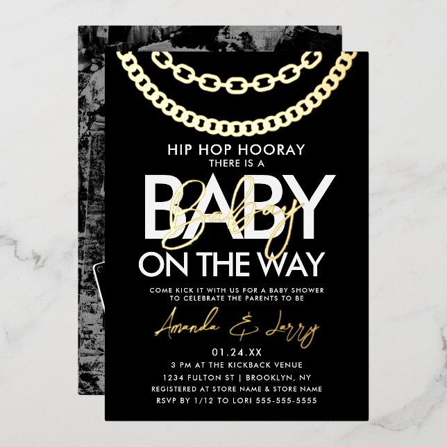 Invitation En Aluminium Baby shower Hip hop noir et or (Recto/Verso)