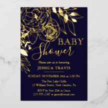 Baby Shower Moderne Fleurs Bleu Marine et Or
