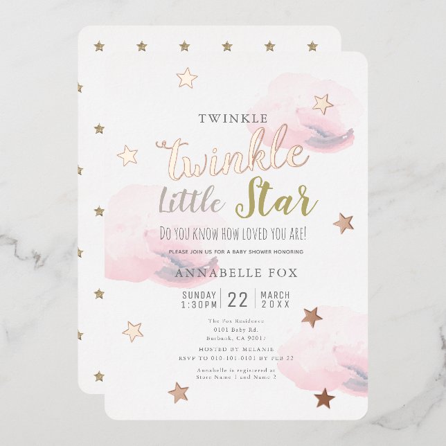 Invitation En Aluminium Baby shower nuages roses Twinkle Little Star (Recto/Verso)