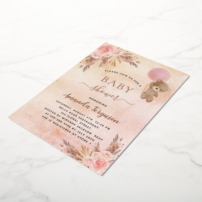 Invitation En Aluminium Baby shower pampas herbe ours en peluche rose fleu (Rotation)