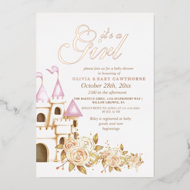 Invitation En Aluminium Baby shower Princess Gold & Pink Fairytale (Recto)