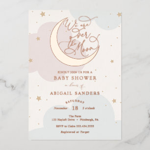 Invitation En Aluminium Baby Shower Rose et Bleu sous la Lune Dorée