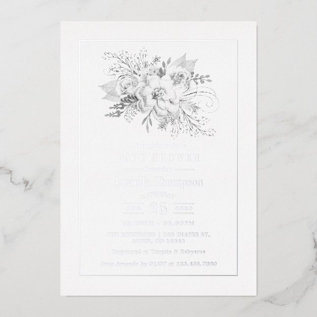 Invitation En Aluminium Baby shower Rose Vintage blanc et argenté (Recto)