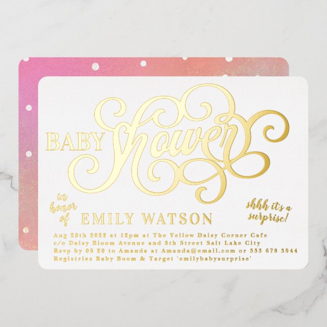 Invitation En Aluminium Baby shower Surprise moderne en or (Recto/Verso)